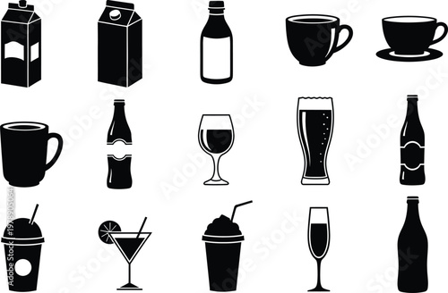 Collection of black and white beverage icons including cups, bottles, and glasses