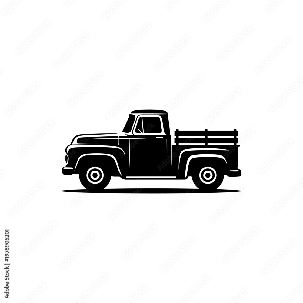 Fototapeta premium A black and white vector silhouette of a vintage pickup truck. A classic, reliable design ideal for automotive branding, farm themes, or rustic graphic projects.