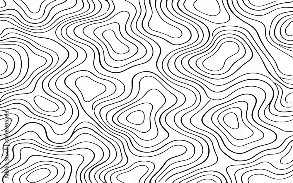 Fototapeta premium Minimalist abstract topographic contour pattern, smooth flowing elevation lines forming organic shapes, monochrome black lines on a light gray background
