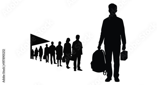 Businessman leading team followers in line, standing alone with luggage, symbolizing leadership, success, and individuality in corporate office setting