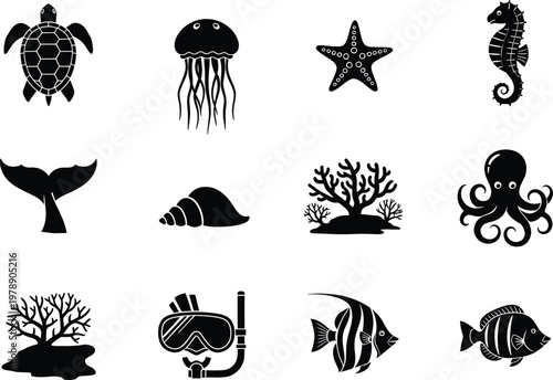 A collection of twelve black and white marine life icons featuring sea creatures and diving gear