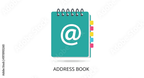 A teal address book with a white at symbol on the cover is displayed on a white background