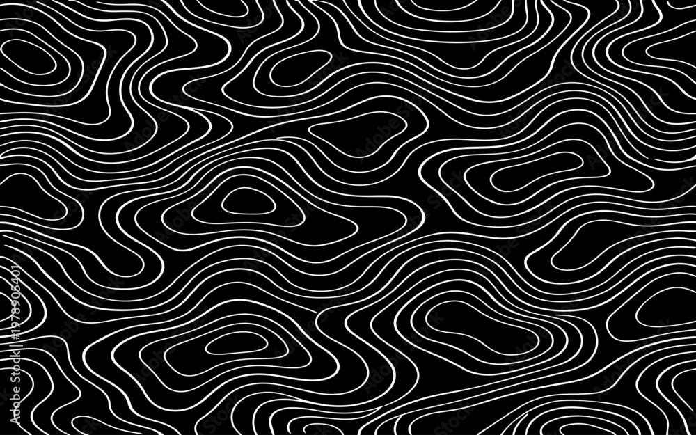 Fototapeta premium Minimalist abstract topographic contour pattern, smooth flowing elevation lines forming organic shapes, monochrome lines on a background.