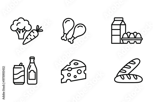 Collection of six linear illustrations of various food items vegetables poultry eggs drinks cheese bread with baked goods broccoli illustration drinkcontaine