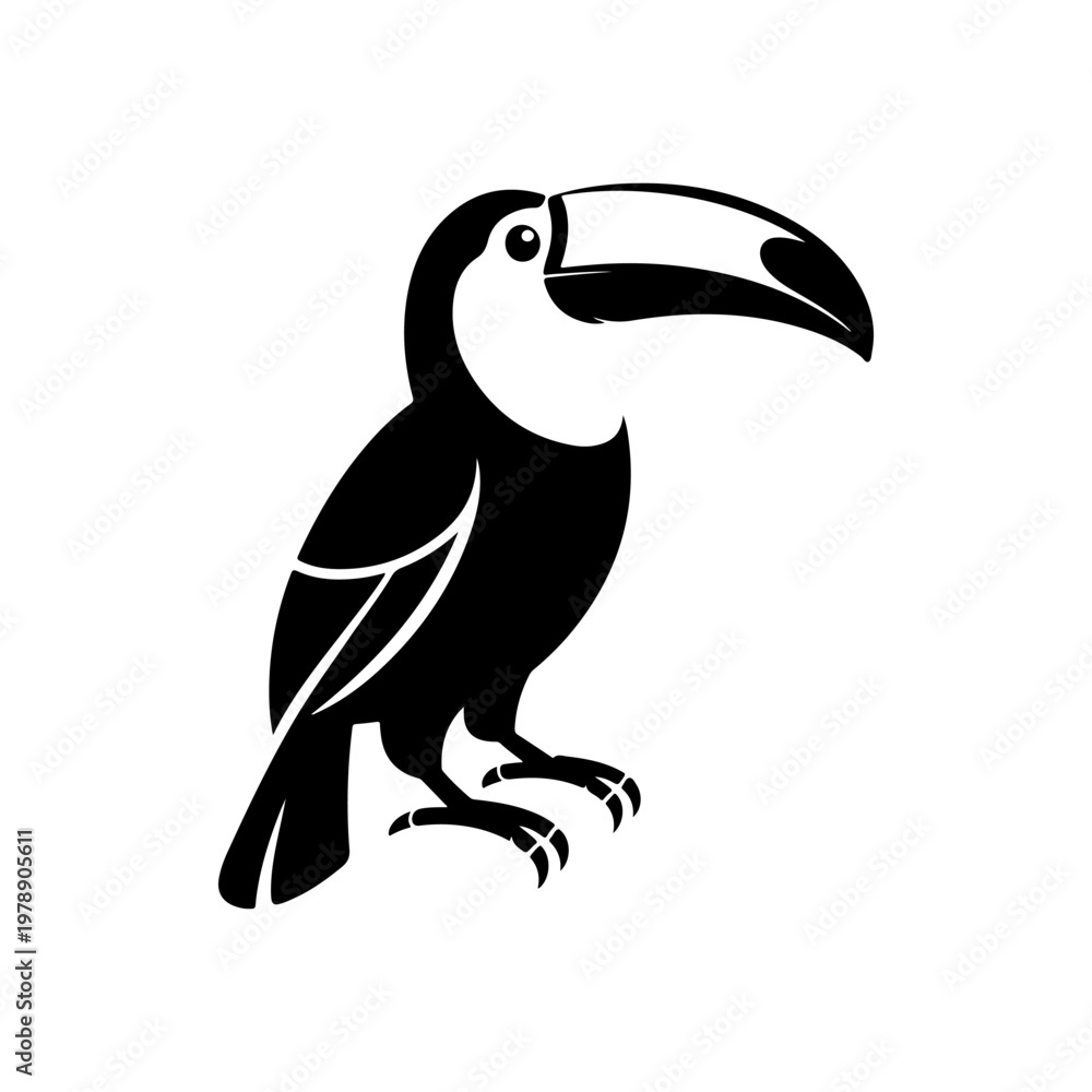 Naklejka premium A black and white vector silhouette of a toucan, showcasing its iconic large beak. A clean, bold design perfect for tropical, nature, or wildlife-themed branding.