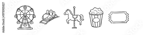 Hand-drawn doodle icons of amusement park attractions: ferris wheel, roller coaster, carousel horse, popcorn, and ticket. Minimalist black line art set on a white background for a playful theme.