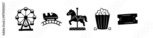Amusement park icon set featuring hand-drawn black silhouettes of a ferris wheel, roller coaster, carousel horse, popcorn, and ticket. Perfect for carnival and theme park themes.