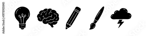 Set of creative icons including a light bulb, brain, pencil, paintbrush, and storm cloud, representing brainstorming, innovation, art, and the creative process in a hand-drawn silhouette style.
