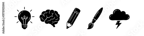 Hand-drawn creative icon set featuring a lightbulb, brain, pencil, paintbrush, and storm cloud. Black doodle silhouettes representing ideas, brainstorming, innovation, and artistic design.