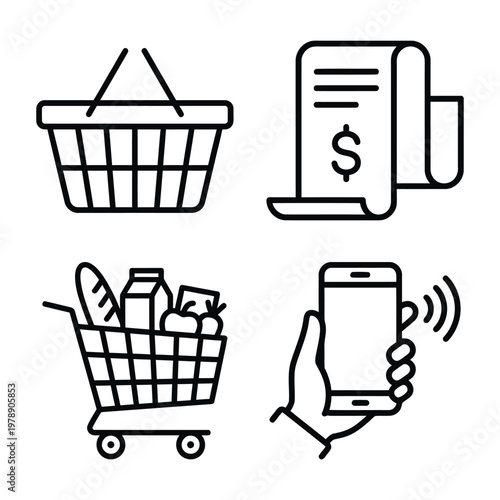 Four line art icons related to shopping and finance a basket receipt grocery cart smartphone payment with dollar sign online shopping smartphone