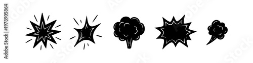Set of hand-drawn black comic explosion and smoke cloud icons. These cartoon burst and puff elements add dynamic action and energy to graphic designs and illustrations.