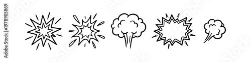 A set of five hand-drawn comic book explosion and smoke cloud icons. Minimalist black and white vector line art for dynamic action effects, boom, bang, and puff animations.