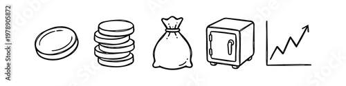 Hand-drawn finance icon set featuring coins, a money bag, a safe box, and a growth graph. Minimalist black line art doodles isolated on white background for business, banking, and investment themes.