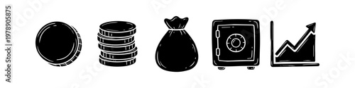 Set of hand-drawn finance and money icons including coins, a money bag, a safe, and a growth graph. Ideal for business, banking, and investment design projects.