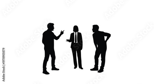 Silhouette of business people standing and talking in meeting or discussion in office setting with white background