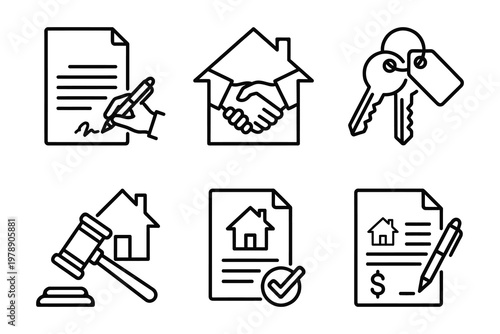 Real estate transaction icons with home loan estate agent transaction contract agreement handshake property mortgage document checkmark business