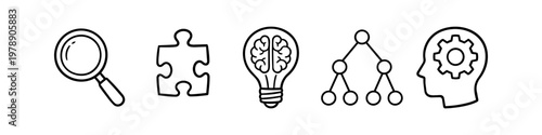 Collection of linear icons representing logical thinking and problem-solving, featuring a magnifying glass, puzzle, creative lightbulb, organizational chart, and head with gear.