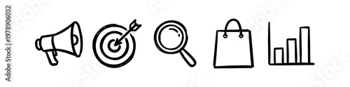 Hand-drawn black and white marketing icons set including megaphone, target, magnifying glass, shopping bag, and bar chart. Ideal for business, digital marketing, and e-commerce designs.
