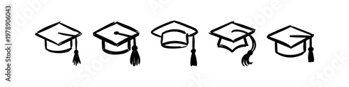 Set of five hand-drawn graduation cap doodles. Minimalist black ink sketches of academic mortarboards with tassels on white background. Ideal for school, college, and university graduation themes.
