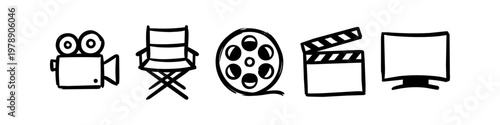 Set of hand-drawn movie and cinema icons including a camera, director chair, film reel, clapperboard, and monitor. Minimalist black line art on a white background for filmmaking concepts.