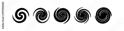 Set of five black spiral icons representing hurricanes, cyclones, or galaxies, isolated on a white background. Perfect for weather forecasting, space themes, and abstract graphic design.