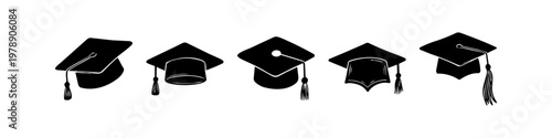 Set of five black graduation cap icons isolated on a white background. Hand-drawn style mortarboards with tassels representing education, university success, and commencement ceremonies.