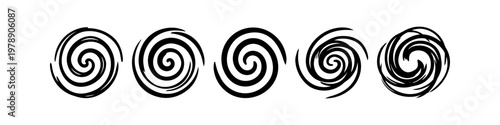 Set of five minimalist hand-drawn black spiral icons and vortex symbols on a white background, representing motion, energy, and whirlpools.