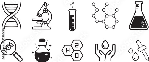 Science and Research Icons: A collection of various science icons, ideal for use in scientific studies and research projects. Icons include those for DNA, microscope, flask, and water.png