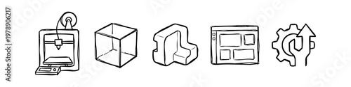 Hand-drawn black and white icon set illustrating the 3D printing process, from printer and 3D models to software interface and technical settings in a sketch doodle style.