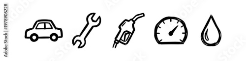 Hand-drawn automotive icon set featuring a car, wrench, fuel nozzle, speedometer, and oil drop. Simple black line art doodle for car repair, maintenance, and transportation concepts.