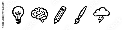 Set of black hand-drawn doodle icons representing creativity and innovation. Features a lightbulb, brain, pencil, paintbrush, and storm cloud symbols on a white background.