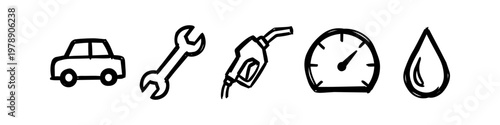 Hand-drawn automotive icon set featuring a car, wrench, gas pump nozzle, speedometer, and oil drop. Simple black sketch style on white background for car repair, fuel, and maintenance themes.