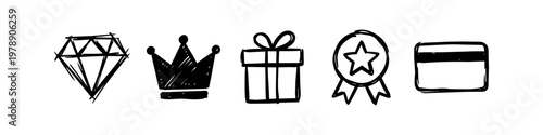 Set of hand-drawn loyalty and reward icons: diamond, crown, gift, medal, and credit card. Black ink doodle style for premium membership, VIP status, and business marketing concepts.