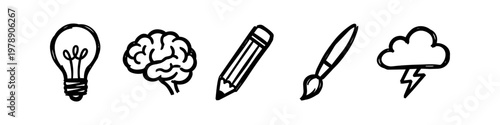 Set of hand-drawn creativity icons featuring a light bulb, brain, pencil, paintbrush, and storm cloud. Minimalist black doodle style for brainstorming, art, and idea generation concepts.