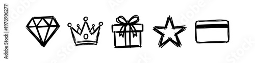 Set of hand-drawn sketchy icons including a diamond, crown, gift box, star, and credit card. Minimalist doodle style for business, e-commerce, and loyalty program designs.