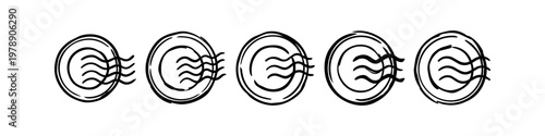 Set of hand-drawn circular postmarks with wavy lines. Minimalist black line art doodles representing postal stamps and mail cancellation marks on a white background.