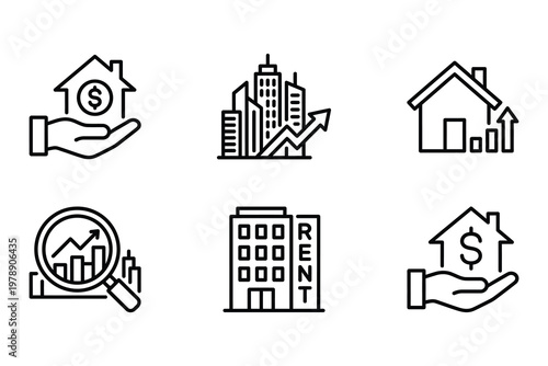Real estate investment and property icons with magnifying glass for rent investment property building cityscape analytics business economic