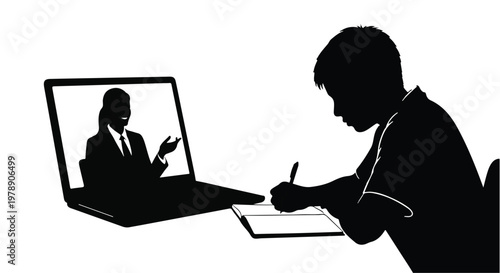 Silhouette of a student attending an online class on a laptop and taking notes