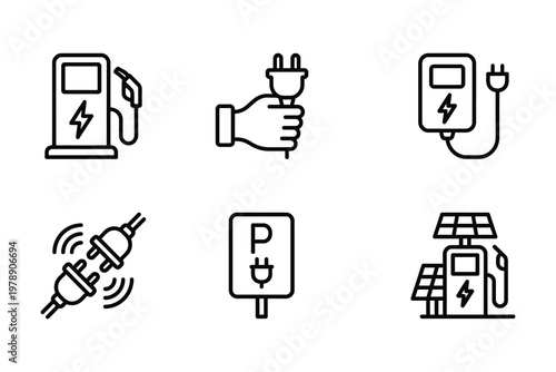 Electric vehicle charging and solar power icons with solar panel charging renewable connection transportation technology sustainable