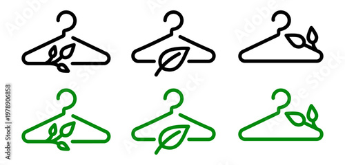 Recycling clothes icons showing sustainable fashion symbols with hanger, reused textile, eco friendly fabric signs. Concept of clothing care, repair, recycling materials green and black colours.