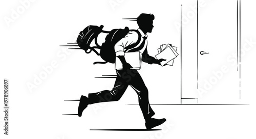 Rushing businessman running with briefcase and backpack in office setting, professional silhouette, motion blur, urban workplace scene