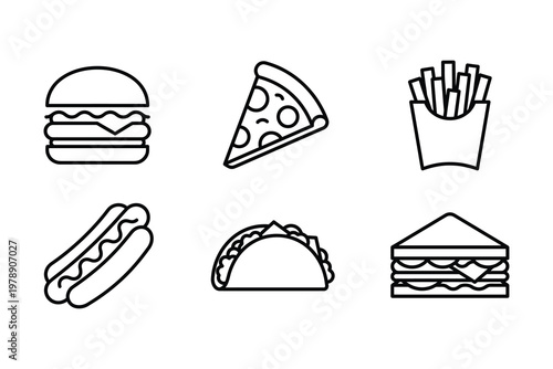 Fast food icons: burger pizza fries hot dog taco sandwich with junk food street sandwich illustration collection takeaway restaurant appetizer