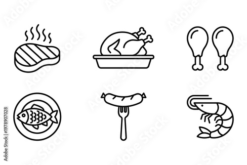 Meat and seafood icons: steak roast chicken drumsticks fish sausage shrimp with main course illustration collection barbecue delicious restaurant