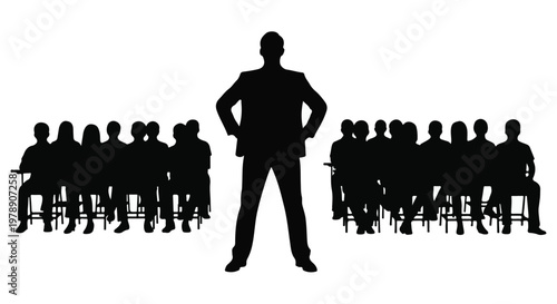 Confident business leader standing in front of team meeting in office setting with silhouettes, leadership and management concept