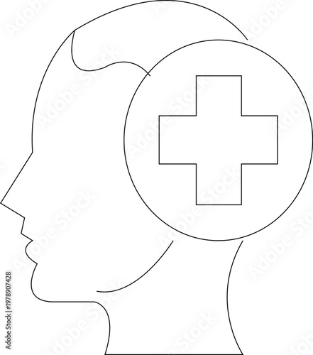 Minimalist mental health line icon, human head profile with medical cross symbol, psychological wellness and healthcare vector illustration