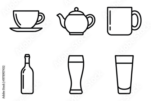 Beverage icons: teacup teapot mug bottle beer glass drinking glass with hot drink cold beverage illustration refreshment collection restaurant