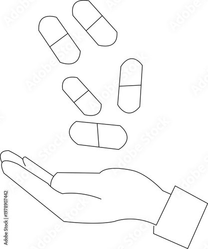 Minimalist line art of medical capsules falling into an open hand, pharmaceutical pills and healthcare concept vector, simple outline medicine illustration