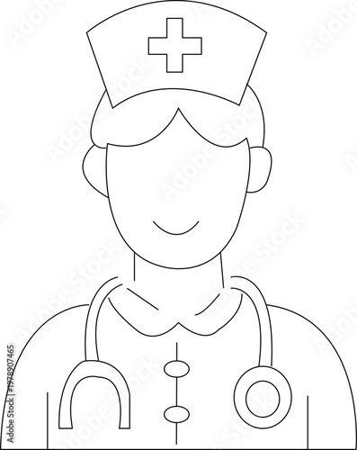 Minimalist nurse line art vector, professional medical worker icon with stethoscope, female healthcare provider avatar in uniform