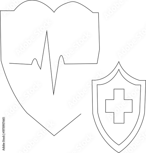 Medical health insurance line icons, heartbeat pulse on heart shield shape, healthcare protection symbols for medical services and safety