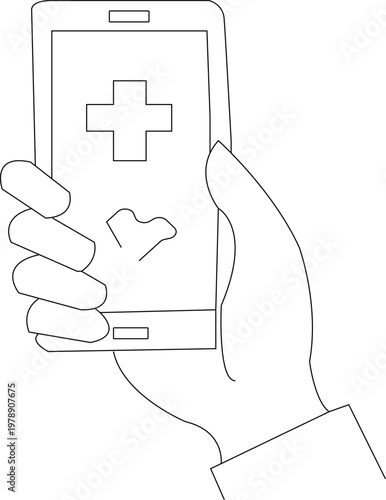 Minimalist line art of hand holding smartphone with medical cross, telemedicine mobile app interface, digital healthcare and online pharmacy vector